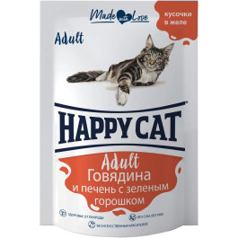 Happy Cat консервы для кошек Говядина и Печень с зелёным горошком, кусочки в желе 85г пауч