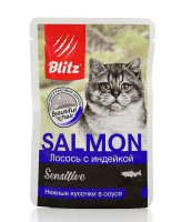 BLITZ Sensitive Консервы для кошек Лосось с индейкой, кусочки в соусе 85г