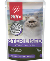 BLITZ Sterilised Консервы для стерилизованных кошек Утка с лососем, кусочки в соусе 85г