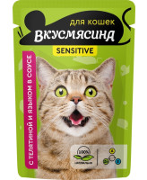 Вкусмясина Sensitive пауч для кошек с чувствительным пищеварением с Телятиной и языком в соусе 85г