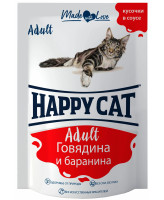 Happy Cat консервы для кошек Говядина и Баранина, кусочки в соусе 100г пауч