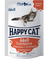 Happy Cat консервы для кошек Говядина и Печень с зелёным горошком, кусочки в желе 85г пауч