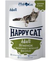 Happy Cat консервы для кошек Ягненок и телятина с зеленой фасолью, кусочки в желе 100г пауч