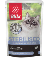 BLITZ Sterilised Sensitive Консервы для стерилизованных кошек Индейка и клюква, кусочки в соусе 85г
