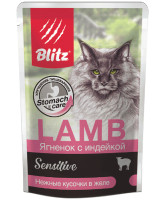 BLITZ Sensitive Консервы для кошек Ягнёнок с индейкой, кусочки в желе 85г